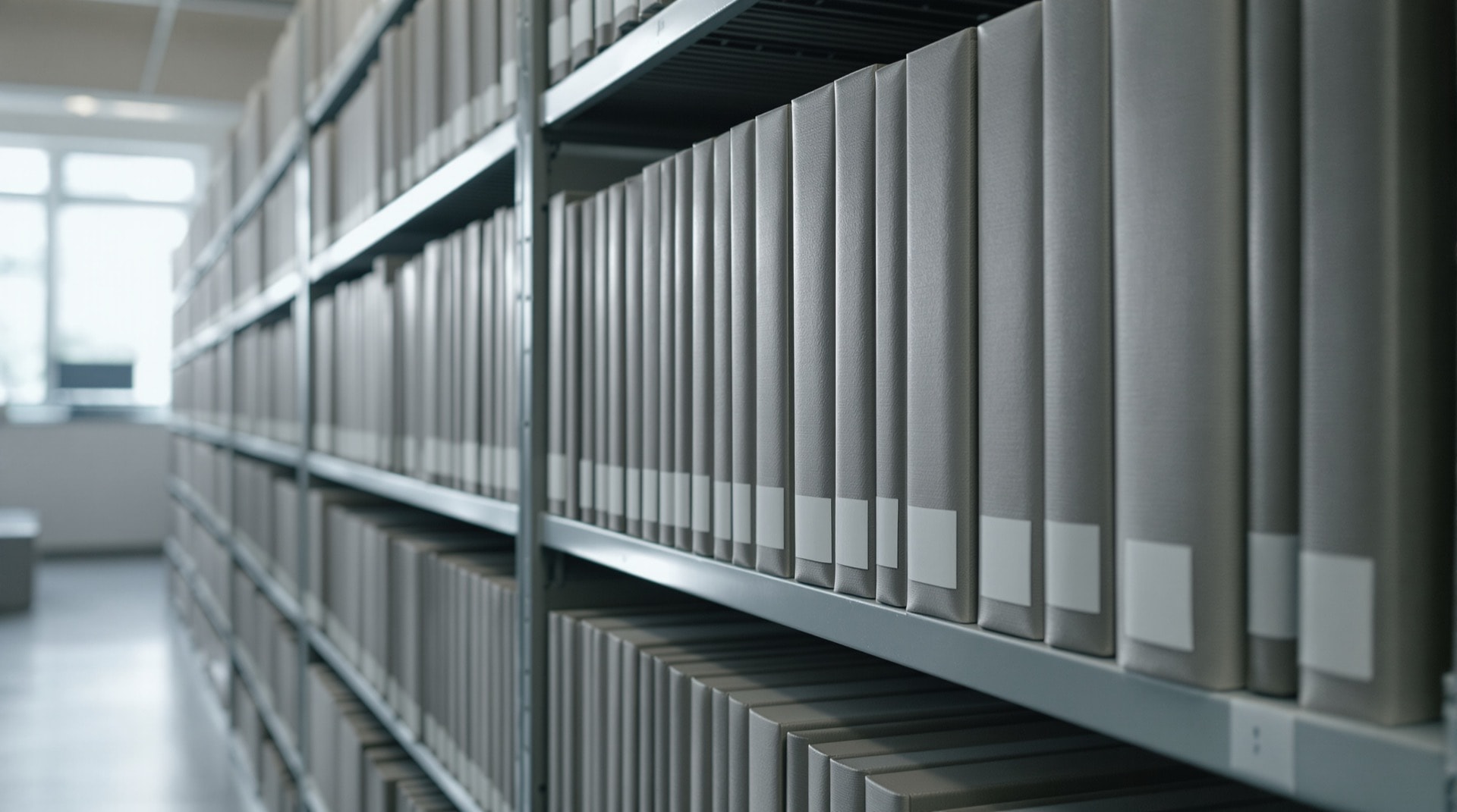 A run of uniform archive boxes and bound volumes on a metal shelf in a reading room