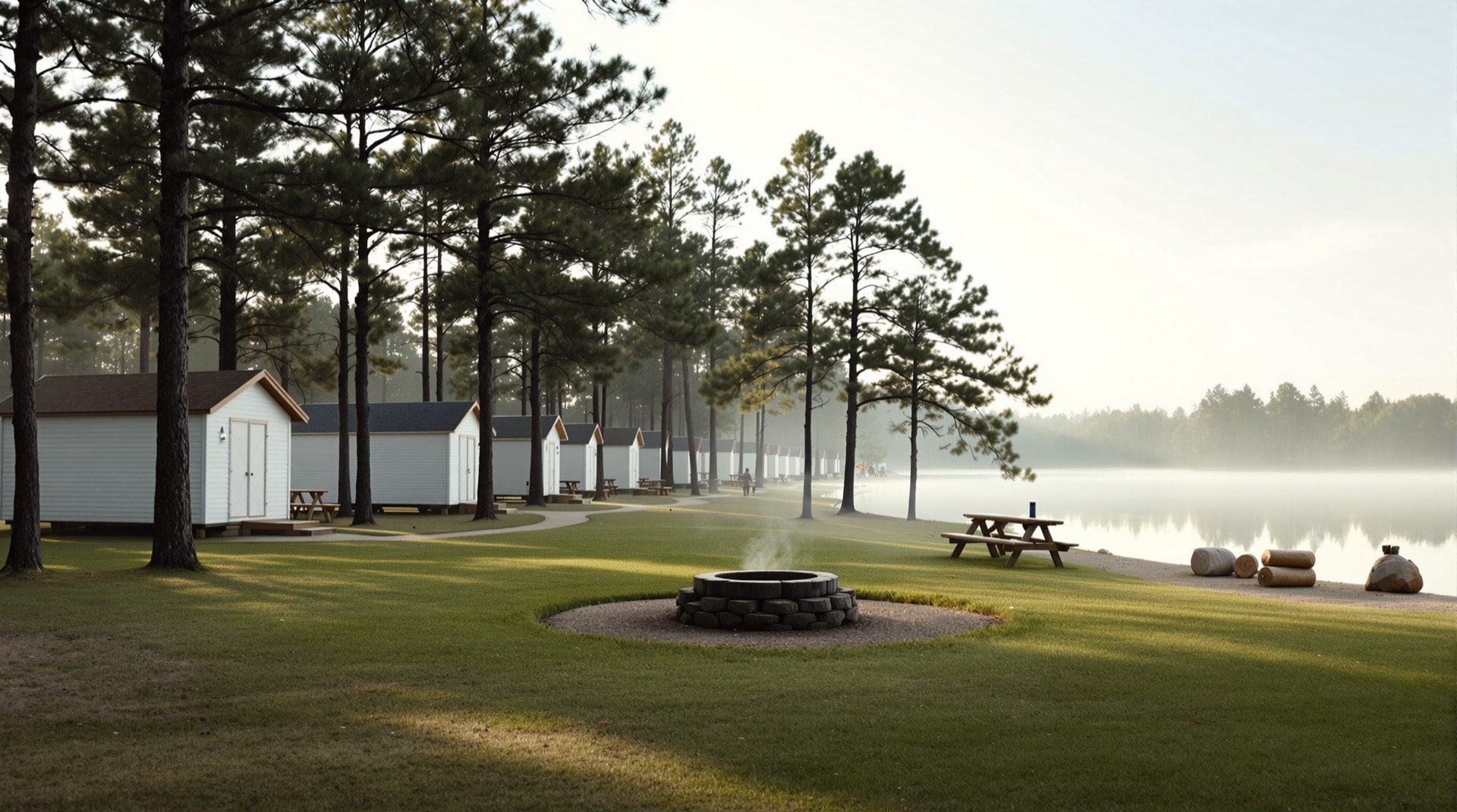 An empty lakeside camp ground with plain timber cabins under tall pines in morning light
