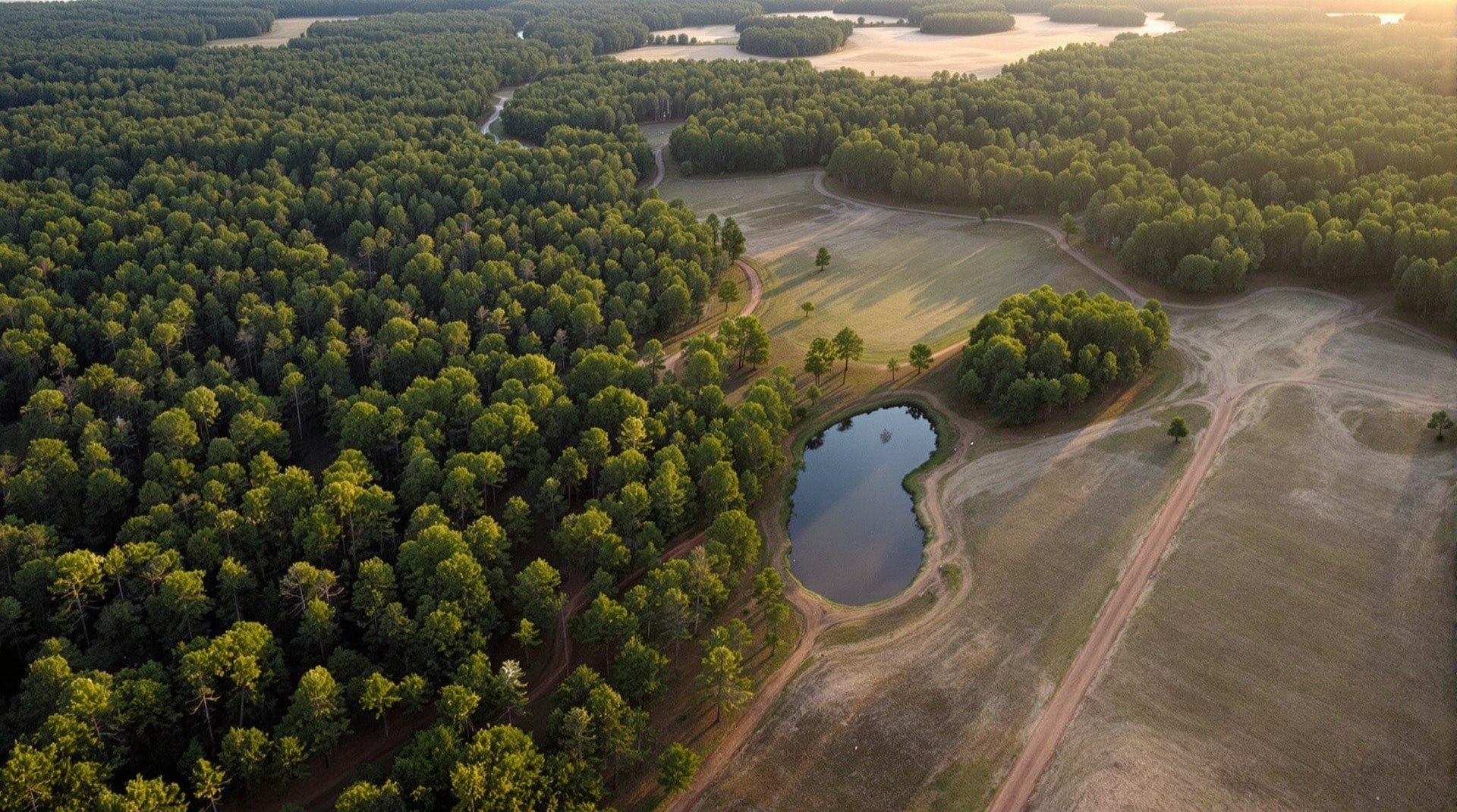 An elevated view over East Texas piney woods broken by cleared pasture, dirt roads and a small pond at dawn