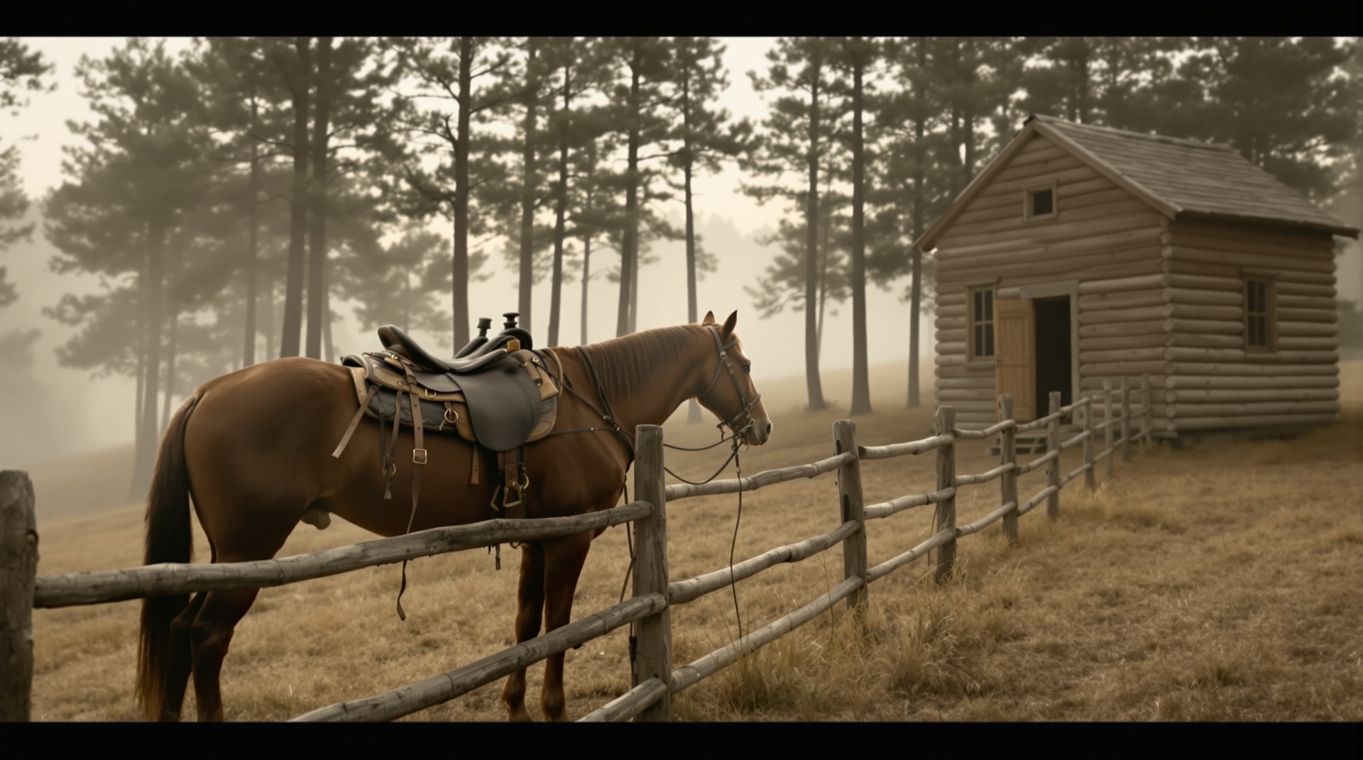 A saddled horse tied at a rail fence beside a rough timber meeting house on a cleared hillside