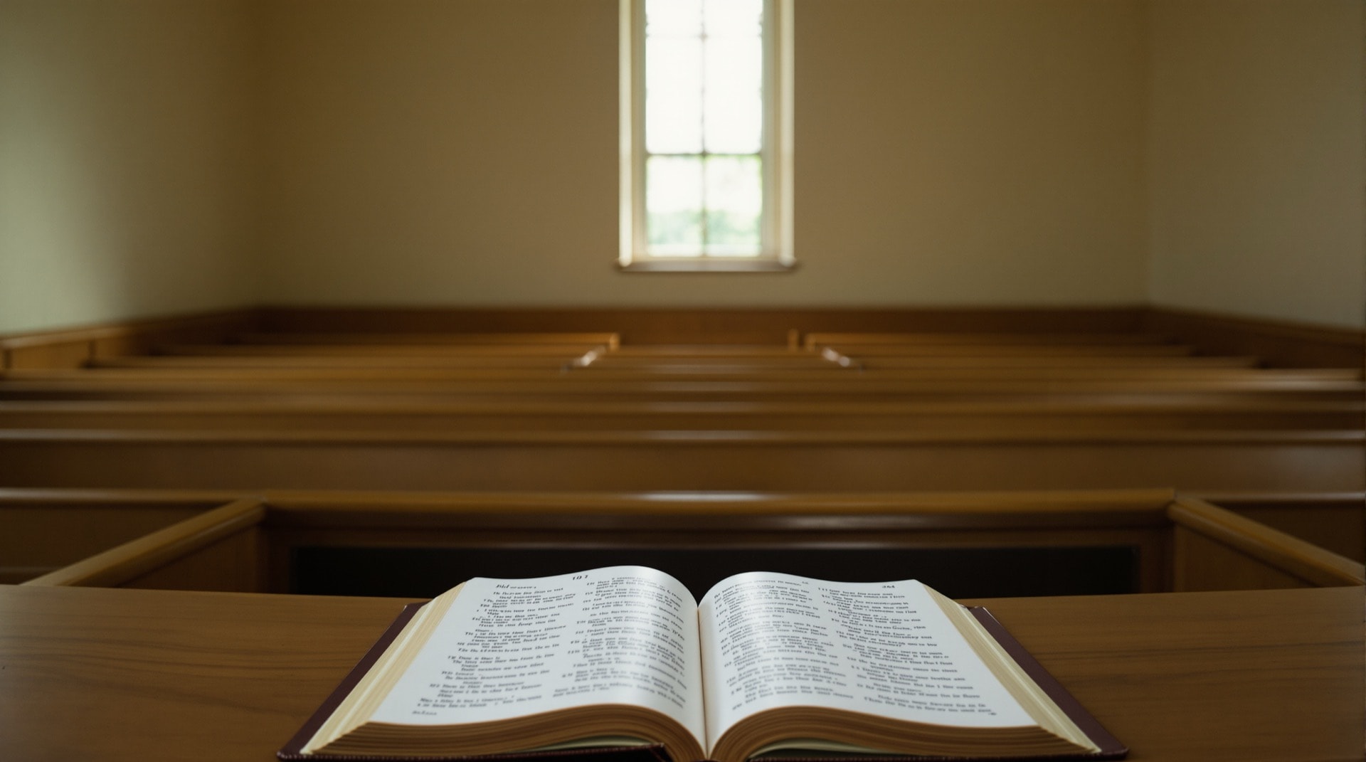 A simple wooden pulpit in an empty country chapel with an open hymnal resting on it