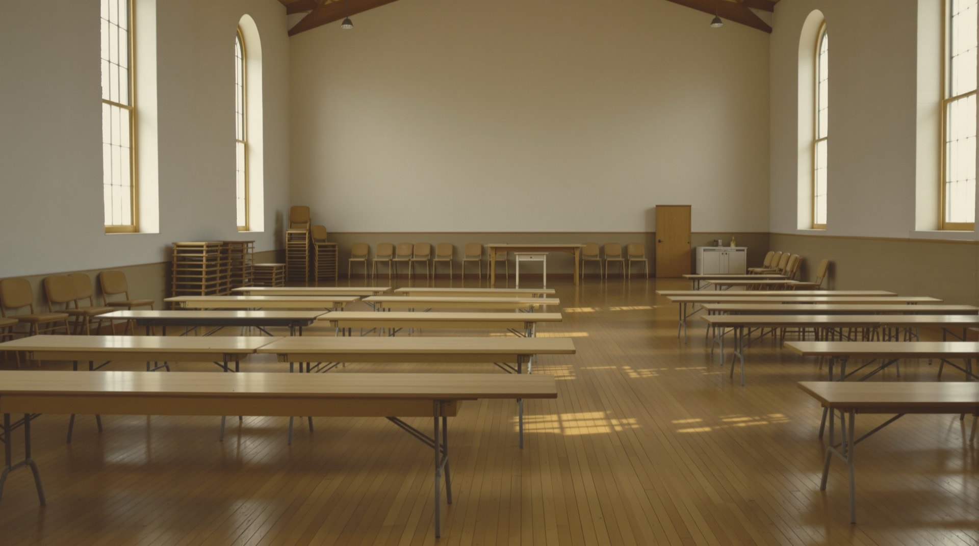 A plain church fellowship hall with folding chairs stacked along a wall and long trestle tables