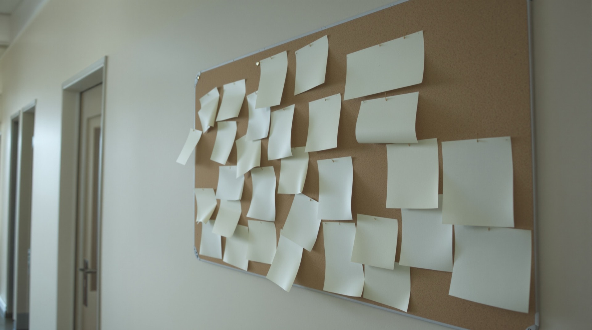 A cork noticeboard in a church corridor covered with overlapping blank pinned paper sheets